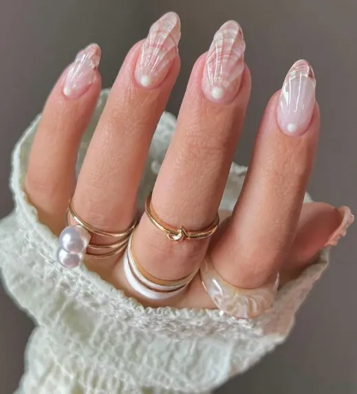 Seashell and Pearl Nails